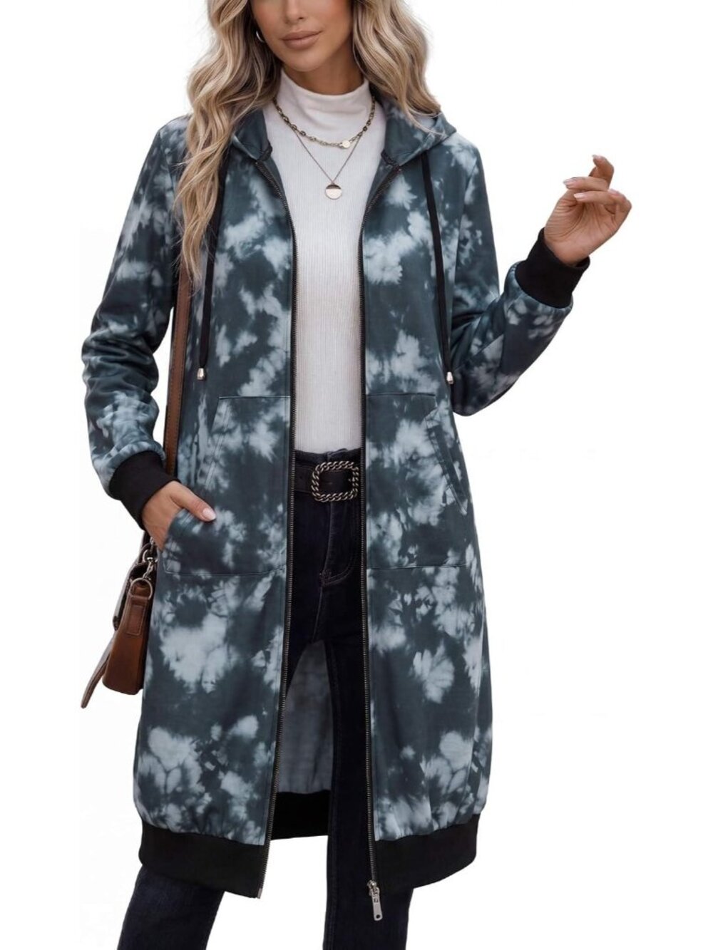 Women's Black Tie Dye Longline Fleece Hoodie Full Zip Oversized Duster Coat